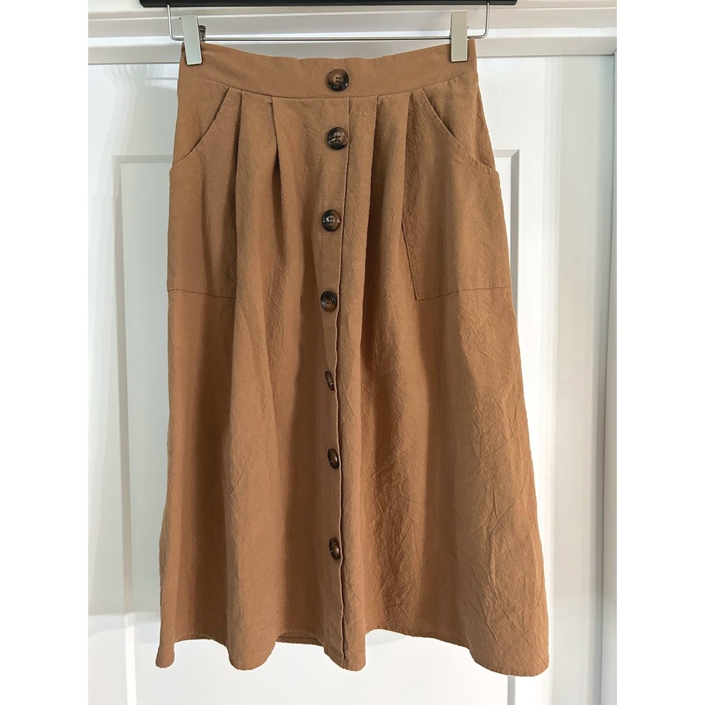 Naggoo Womens Camel Brown Button Front Midi Skirt Pockets Elastic Waist Small